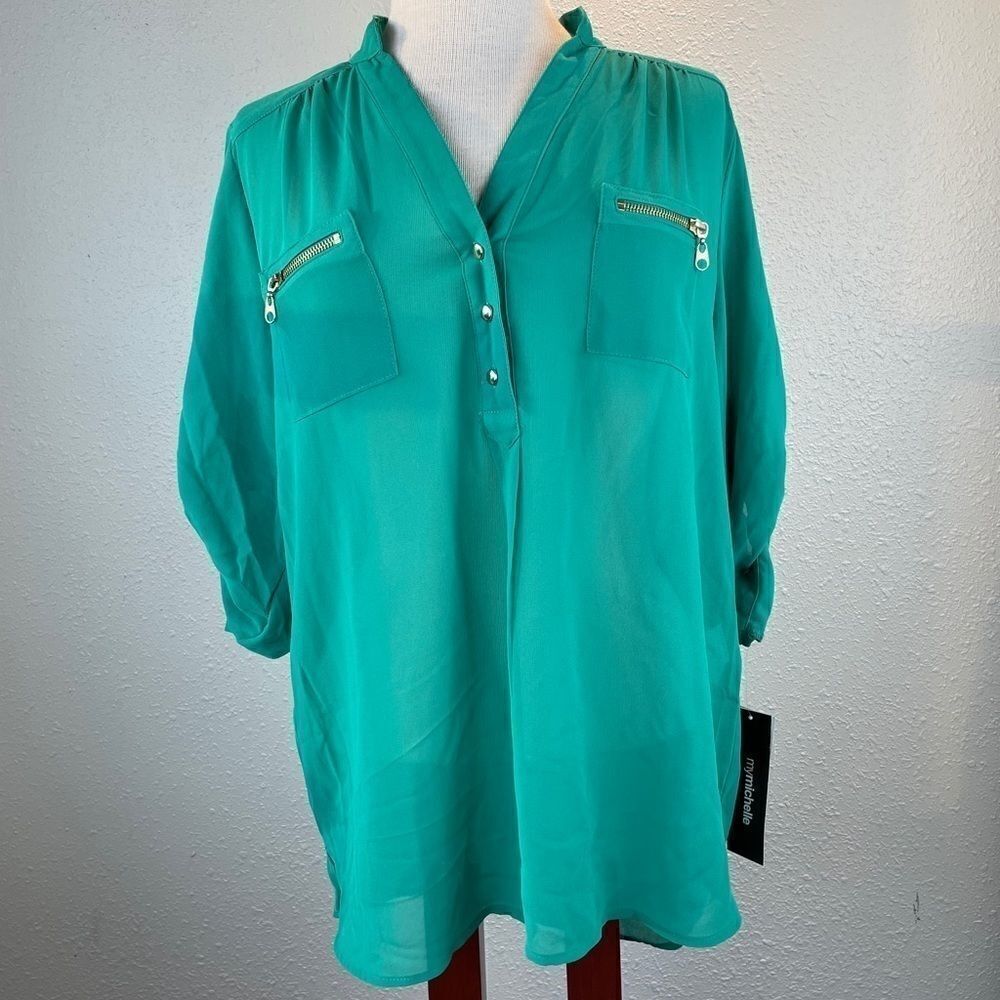 NWT My Michelle Sheer Green Blouse Top Size L
